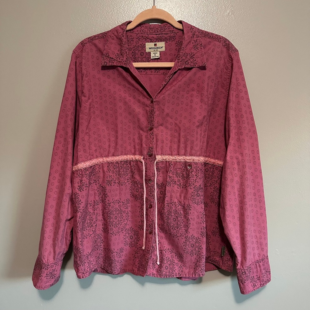 Woolrich Womens XL Pink Floral Print Button Up Shirt with Drawstring Waist